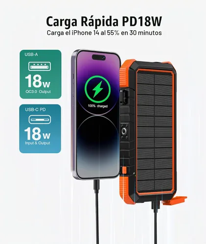 Vista 2 de BLAVOR Cargador solar, PD 18 W, carga rápida, 20000 mAh, con 4 paneles plegables, cargador USB C portátil con linterna de campamento, mosquetón