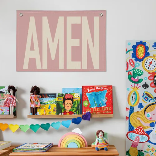 Vista 7 de Rosa "AMEN" Arte de Pared 20x30 Pulgadas - Decoración Cristiana Coquette, Colgante para Dormitorio de Niñas, Bandera de Oración de Lino, Letrero