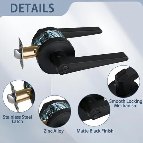 Vista 2 de MD8820-DB-BK-1P - Manija de puerta de privacidad sólida para dormitorio y baño, acabado negro mate