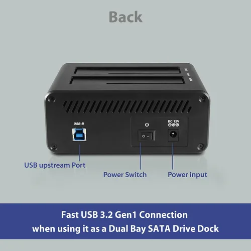 Vista 4 de Vantec NexStar JX, USB 3.2 Gen1, base de doble bahía para unidad SATA III con función de clon, USB 3.2 Gen1 (NST-D258S3-BK), negro