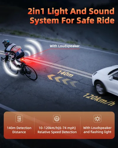 Vista 5 de WSDCAM Luz trasera de radar para bicicleta, alertas visuales y audibles para vehículos de hasta 153 yardas de distancia, encendido/apagado