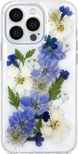 Vista 22 de Abbery Funda diseñada para iPhone 13 Pro con diseño de flores prensadas con purpurina y diseño de goma de silicona suave, diseño de flores reales