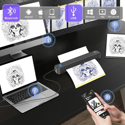 Vista 2 de Impresora de plantillas de tatuajes, máquina térmica portátil inalámbrica Bluetooth para artistas y principiantes, kit de transferencia de tatuajes