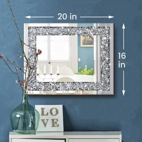 Vista 2 de QMDECOR Espejo de Pared Decorativo Rectangular Brillante para Decoración del Hogar con Decoración de Diamante Crush de Cristal Plateado