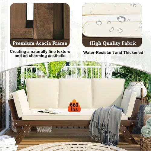 Vista 3 de Harper & Bright Designs Sofá convertible para exteriores con reposabrazos ajustable, sofá de madera maciza para patio con cojines, acabado Acabado