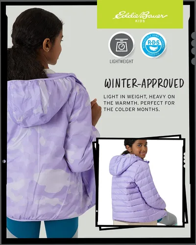 Vista 6 de Eddie Bauer CirrusLite - Chaqueta de plumón resistente a la intemperie para niñas, acolchado con aislamiento acolchado de burbujas (3-20)
