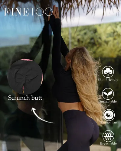 Vista 2 de FINETOO Conjuntos de entrenamiento para mujer, 2 piezas, de manga larga, para yoga, sin costuras, acanalada, con cintura alta, leggings XS-L
