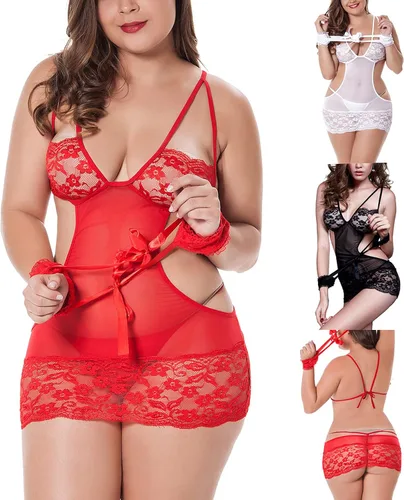 Vista 4 de Conjunto de lencería sexy de encaje para mujer babydoll de peluche transparente body de malla en V profundo camisón para sexo travieso juego 99