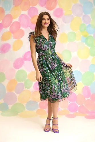 Vista 4 de Maggy London Vestido bordado floral con cuello en V para mujer, colorido, fiesta femenina, evento, invitado