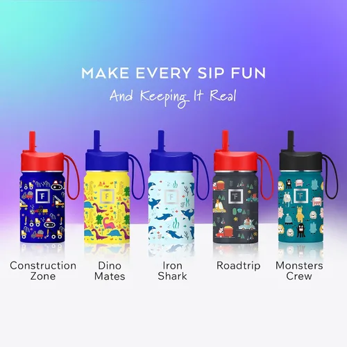 Vista 6 de IRON °FLASK Botella de Agua para Niños - Tapa con Pajilla, 20 Calcomanías con Nombre, Acero Inoxidable Aislado al Vacío, Vaso de Viaje de Doble