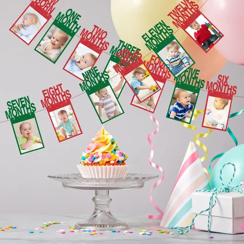 Vista 4 de Cartel de fotos de Navidad para el primer cumpleaños, pancarta de fotos con purpurina para recién nacidos a 12 meses, fotografía de hitos mensuales