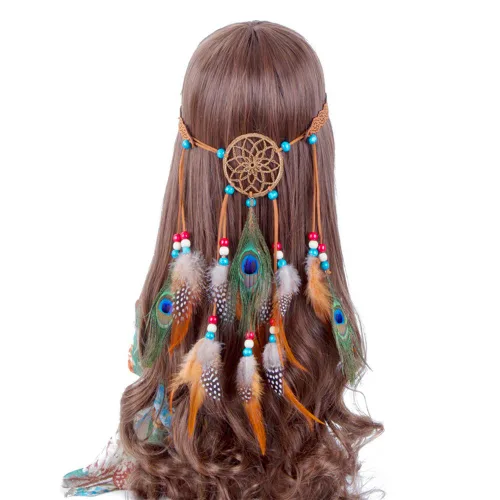 Vista 8 de Zhiheng Bohe - Diadema de plumas hippie con atrapasueños para niñas y mujeres, accesorios para el cabello de carnaval (borgoña)