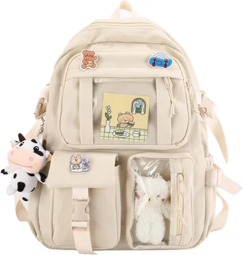 Vista 8 de Mochila Kawaii con lindos accesorios con colgante de pasador de viaje, bolsa grande para portátil al aire libre, impermeable, casual, mochila