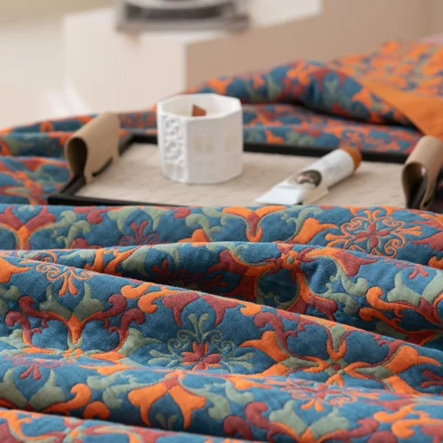 Vista 6 de Manta de 100% Algodón Muslin Jacquard con Estampado Floral Bohemio Mandala, Manta Suave para Cama 3 Capas Reversible Cubrecama Transpirable y Ligera