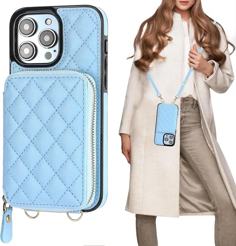 Vista 18 de Bocasal Funda tipo cartera cruzada para iPhone 14 Pro Max, con bloqueo RFID, de piel sintética, con cremallera, funda tipo cartera con función atril