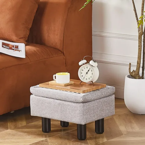 Vista 6 de Cpintltr Taburete de lino pequeño otomano rectangular para pies tapizado con patas de madera maciza, taburetes decorativos modernos, color gris