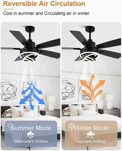 Vista 3 de Ventilador de araña de 52" con luces, ventilador de techo moderno negro con motor CC reversible para interiores, ventilador de techo