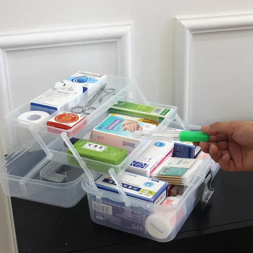 Vista 9 de Bandejas de 2 niveles, caja organizadora de contenedores de almacenamiento de plástico gris transparente, funda de transporte portátil multiusos