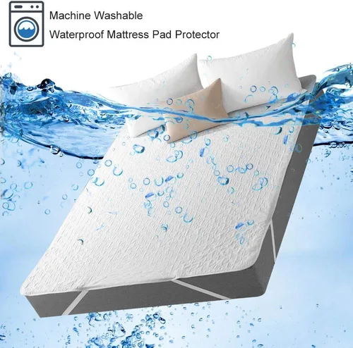 Vista 3 de Protector de colchón acolchado ajustable impermeable con capa de relleno altamente absorbente, 100% mezcla de algodón suave, transpirable, bolsillo