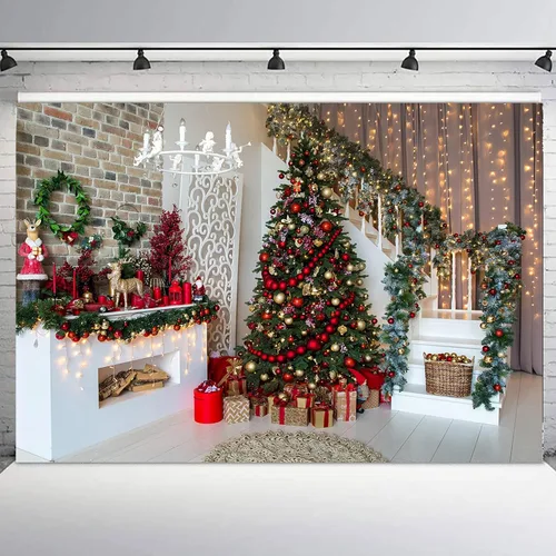 Vista 3 de Telón de fondo de fotografía de Navidad de 5 x 3 pies, escena de Navidad, decoración de árbol de Navidad, fondo para fotografía, chimenea