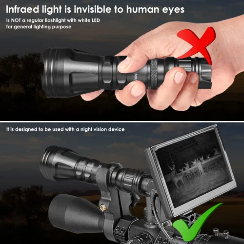 Vista 9 de UniqueFire Linterna iluminadora infrarroja LED de 5 W, 850 nm/940 nm, para visión nocturna, lente Fresnel de 1.732 pulgadas, luz iluminadora de caza