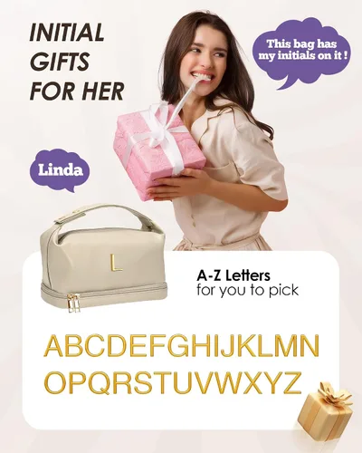 Vista 2 de Bolsa de maquillaje con asa, bolsa de cosméticos impermeable de doble capa, bolsas de maquillaje de cuero PU de gran capacidad con letra, bolsa