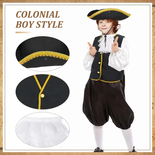 Vista 5 de Ramede Conjunto de disfraz colonial para niños y niños, disfraz de guerra revolucionaria, chaleco de tricornio, gorro de tricornio, calcetines