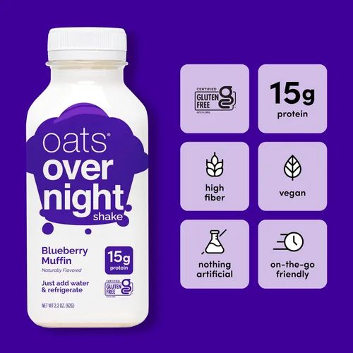 Vista 3 de Oats Overnight Blueberry Muffin - Avena durante la noche, batido de avena alto en proteínas (0.51 onzas de proteína), solo agrega agua, desayuno