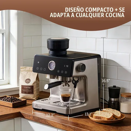 Vista 4 de Máquina de espresso con distribución automática y tazón con molinillo, cafetera barista con cold brew, espumador de leche para latte, máquina