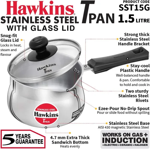 Vista 2 de Hawkins Tpan de acero inoxidable de 1.5L con tapa de cristal