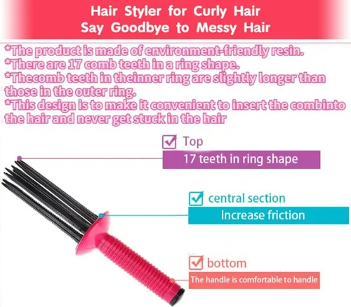 Vista 5 de Herramienta para peinar el cabello rizado, peine de rollo de 17 dientes, rojo rosa+negro, cepillo profesional para peluquería para uso doméstico