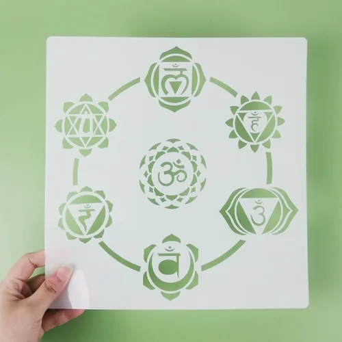 Vista 4 de Plantillas de geometría sagrada – 12 plantillas de yoga con Om, loto, chakra, mandala, hamsa, sol, luna símbolos para pintar sobre madera, tela