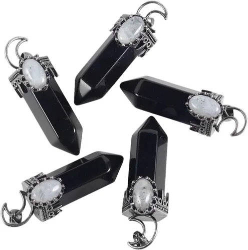 Vista 4 de TUMBEELLUWA Paquete de 2 collares con colgante de piedra de cristal natural con cadena para hombres y mujeres, péndulo de punta de cristal hexagonal