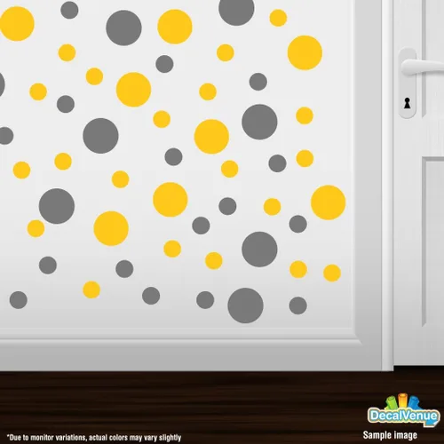 Vista 2 de Decal Venue - Juego de 30 calcomanías de vinilo con diseño de lunares y círculos amarillos y grises