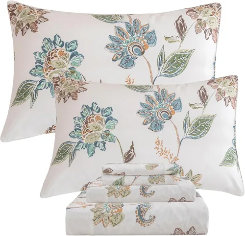 Vista 30 de QSH Juego de sábanas de tamaño individual 100% algodón egipcio, estampado de flores verdes con pájaros, mariposas y botánicas, lujo impreso, ropa