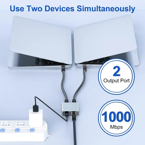 Vista 2 de Divisor Ethernet de 1000 Mbps 1 a 2, Divisor de red RJ45 de alta velocidad Gigabit, con cable de alimentación de 3 pies, 2 dispositivos de red