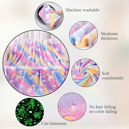 Vista 6 de Manta de unicornio que brilla en la oscuridad para niñas, regalos de unicornios, juguetes para niñas, manta suave para edades de 2, 3, 4, 5, 6, 7