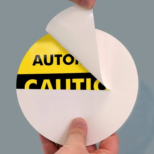 Vista 3 de SmartSign, calcomanía para vidrio de doble cara con leyenda "Caution: Automatic Door 2-Sided Message", círculo de 6 pulgadas de diámetro
