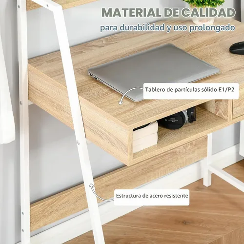 Vista 5 de HOMCOM Escritorio de oficina en casa con marco para espacios pequeños Escritorio para computadora, mesa de escritura, con cajón, estantes de Natural