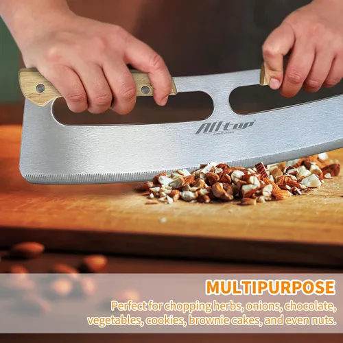 Vista 5 de ALLTOP Cortador de Pizza Basculante, Cuchillo de Hoja de Acero Inoxidable con Doble Mango de Madera y Cubierta de Plástico, Rebanadora/Picadora