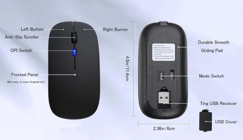 Vista 6 de Ratón delgado inalámbrico, recargable 2.4G, clic silencioso, RGB, 1600 DPI, batería de 500 mAh, compatible con Windows/Mac