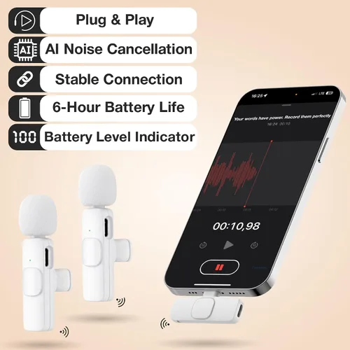 Vista 6 de PowerDeWise Micrófono Lavalier inalámbrico para iPhone y Android, paquete de 2 mini micrófonos blancos, micrófono de clip USB-C/Lightning