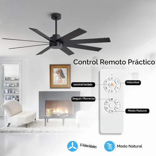 Vista 2 de WINGBO Ventiladores de techo CC grandes de 60 pulgadas sin luces, 3 varillas descendentes, 8 aspas de madera contrachapada, motor CC reversible de 6