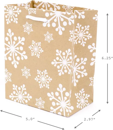 Vista 5 de Hallmark - Juego de bolsas de regalo pequeñas de 6 pulgadas para fiestas (paquete de 5; rojo, blanco y kraft) Copos de nieve, rayas, Feliz (5XGB1798)