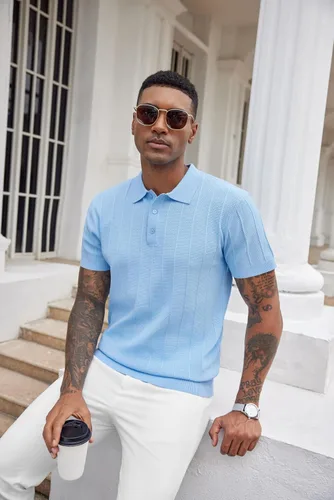 Vista 31 de COOFANDY Camisas polo de punto para hombre de manga corta con textura acanalada Camisas de golf casuales y ligeras con cuello Camiseta de polo