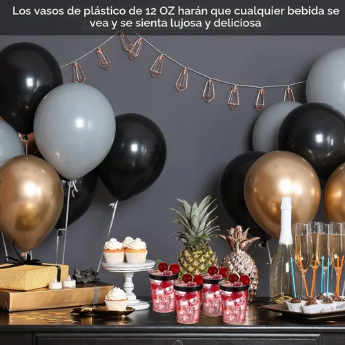 Vista 5 de Gerrii 100 Piezas Vasos de Plástico de 10oz Desechables con Borde Elegante y Sofisticado, Vasos Transparentes Elegantes para Beber para Boda Negro