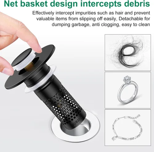 Vista 5 de Colador de drenaje para lavabo de baño, tapón universal para fregadero Negro