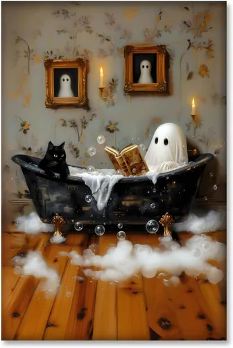 Vista 30 de Arte de pared vintage de Halloween embrujado de granja, parche de calabaza rústica con bonitos fantasmas, póster impreso en lienzo espeluznante