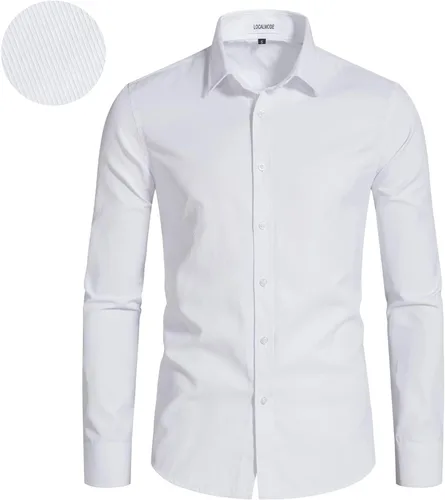 Vista 2 de LOCALMODE Camisa de sarga casual de manga larga para hombre, color sólido, formal, con botones