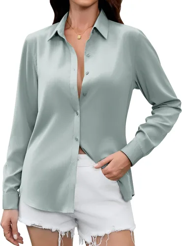 Vista 11 de Camisas Premium de Seda Satinada Suave y Transpirable con Botones para Mujer, Blusas de Manga Larga, Tops de Trabajo Casuales